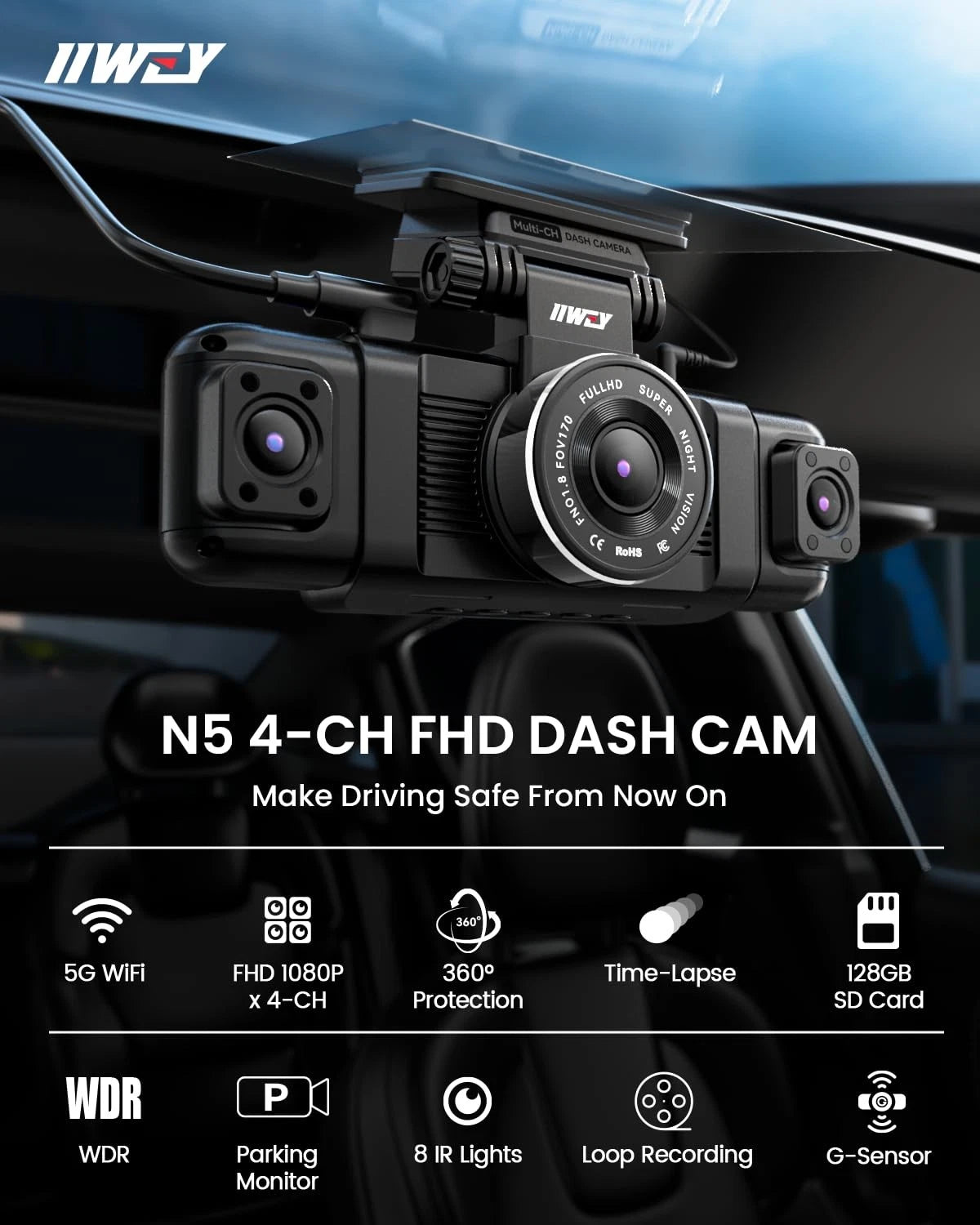 IIWEY N5 4 Channel Dash Cam for Universal Vehicles (360° View, 1080P)