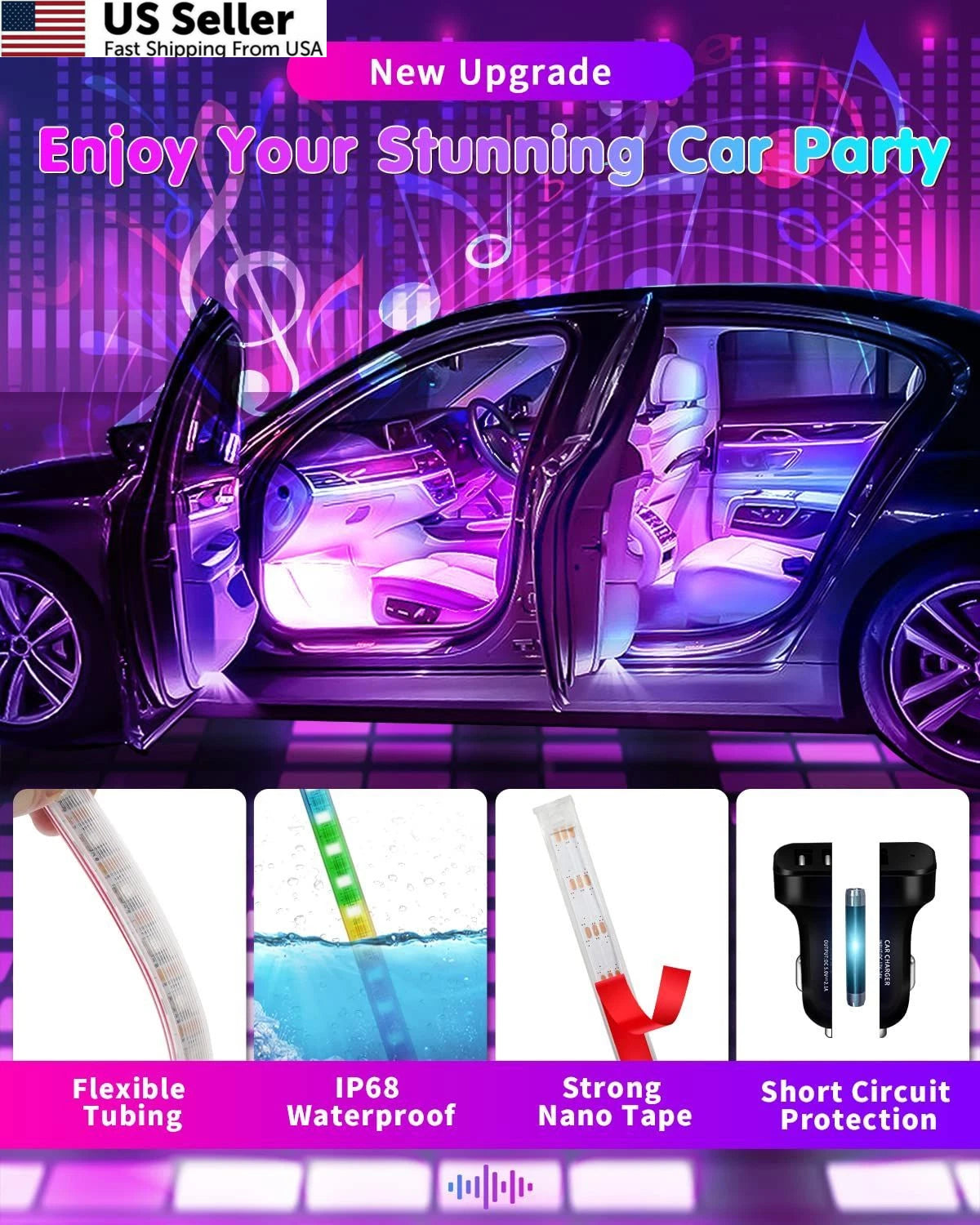 RGB Interior Car Strip Lights for Universal Fit (48SMD, 4 Lines Design)