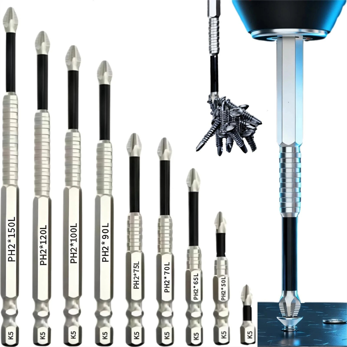 Set of 4 Magnetic Screwdriver Drill Bits - K5 Impact Resistant Non-Slip