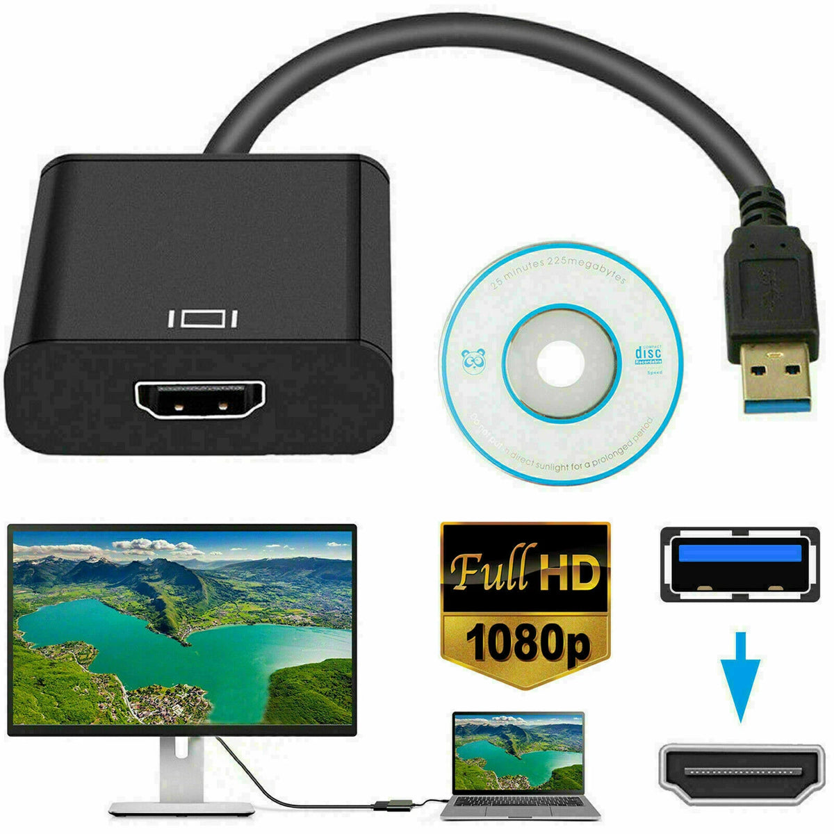 USB 3.0 to HD 1080P HDMI Video Cable Adapter for PC Laptop HDTV (2010–2023)