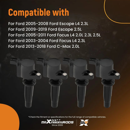 Set of 4 Ignition Coils for Ford Escape Focus Transit 2.0L 2.3L 2.5L (2001–2023) 2IGC0434