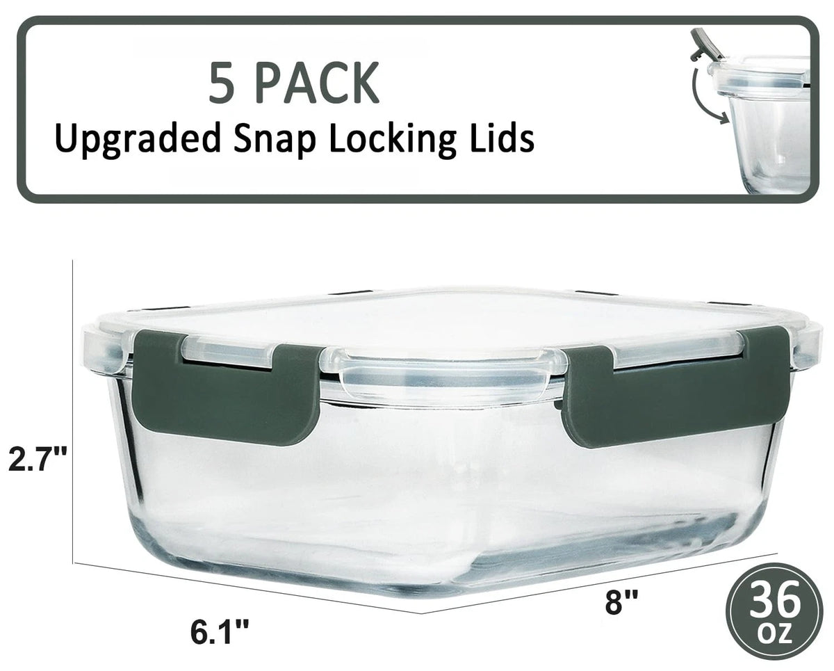 Set of 5 Glass Meal Prep Containers with Snap Lids (36 Oz)