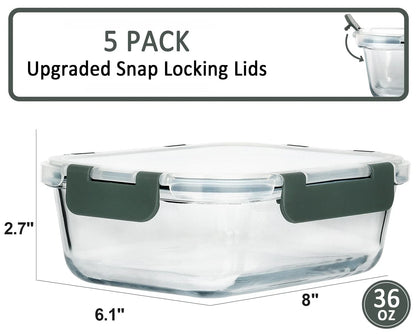 Set of 5 Glass Meal Prep Containers with Snap Lids (36 Oz)