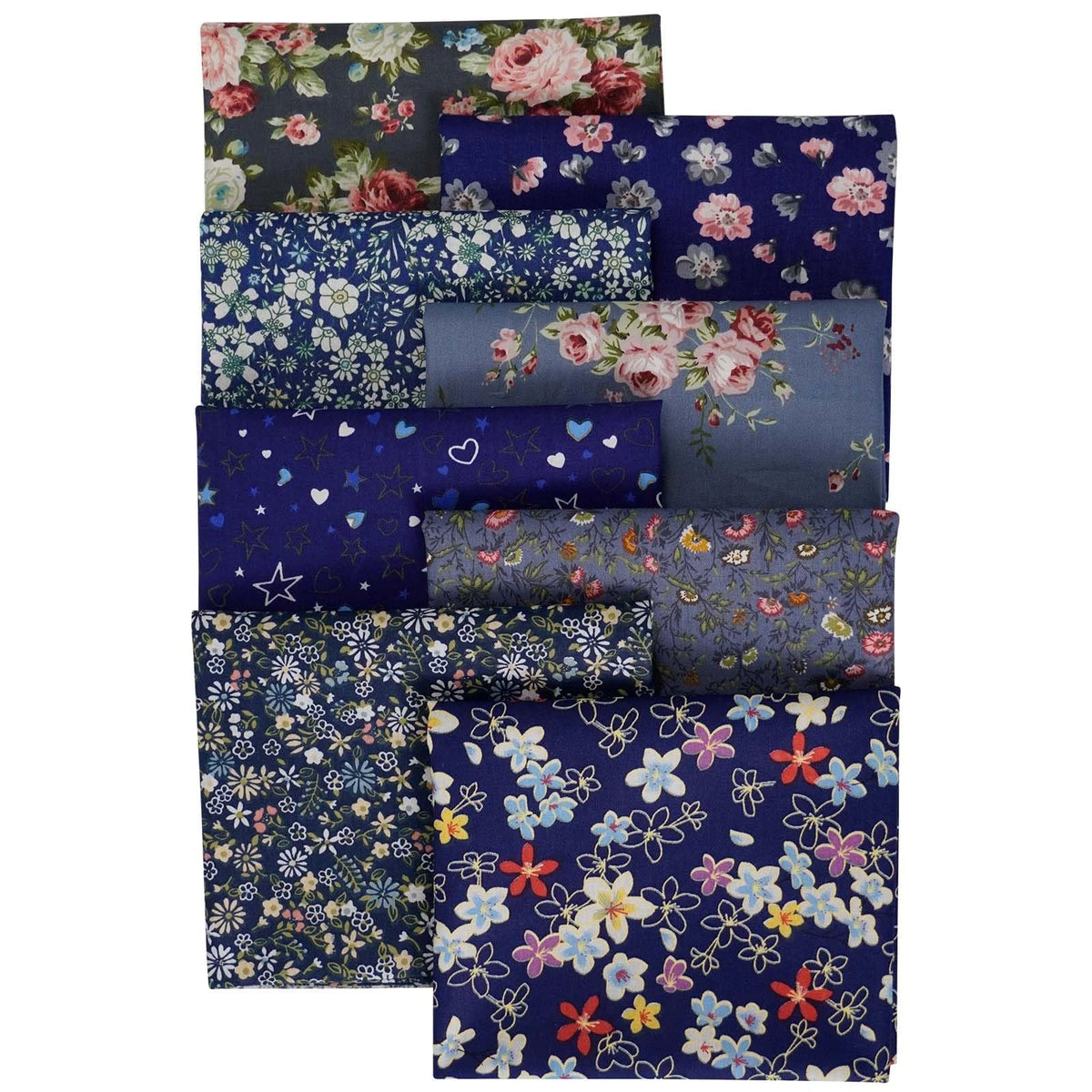 8pcs Cotton Fabric Fat Quarters for Quilting (Daisy Design, Dark Blue)