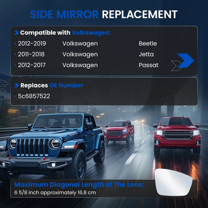 Passenger Side Mirror Glass for Volkswagen Passat Jetta Beetle (2011–2019)