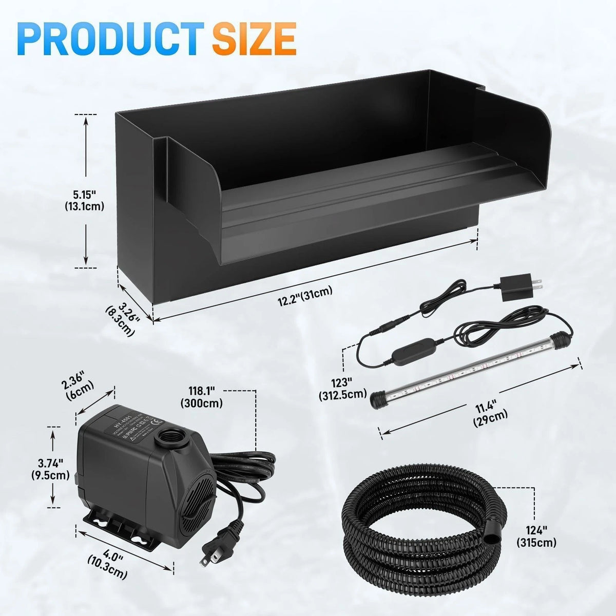 12" Stainless Steel Spillway Waterfall Kit with LED Light and 45W Pump