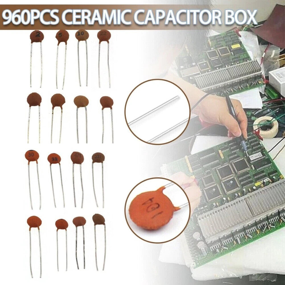 960 Pcs Ceramic Capacitor Assortment Kit 2PF-0.1UF for DIY Projects