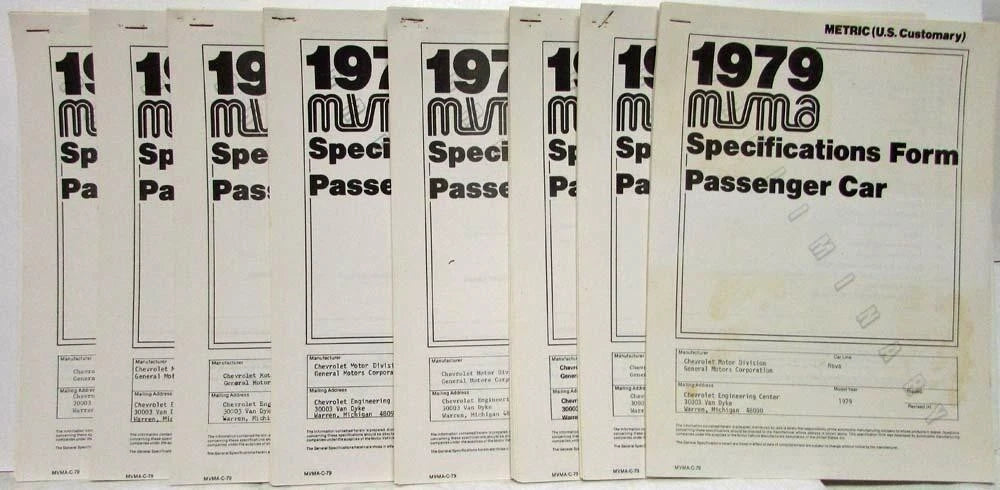 Passenger Car Specifications Form for Chevrolet Corvette Camaro (1979)