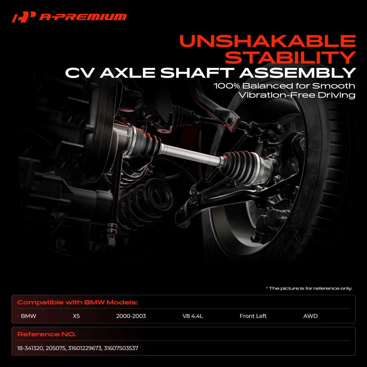 Front Driver Side CV Axle Assembly for BMW E53 X5 (2000–2003) 205075, 31601229673, 31607503537, 18-341320