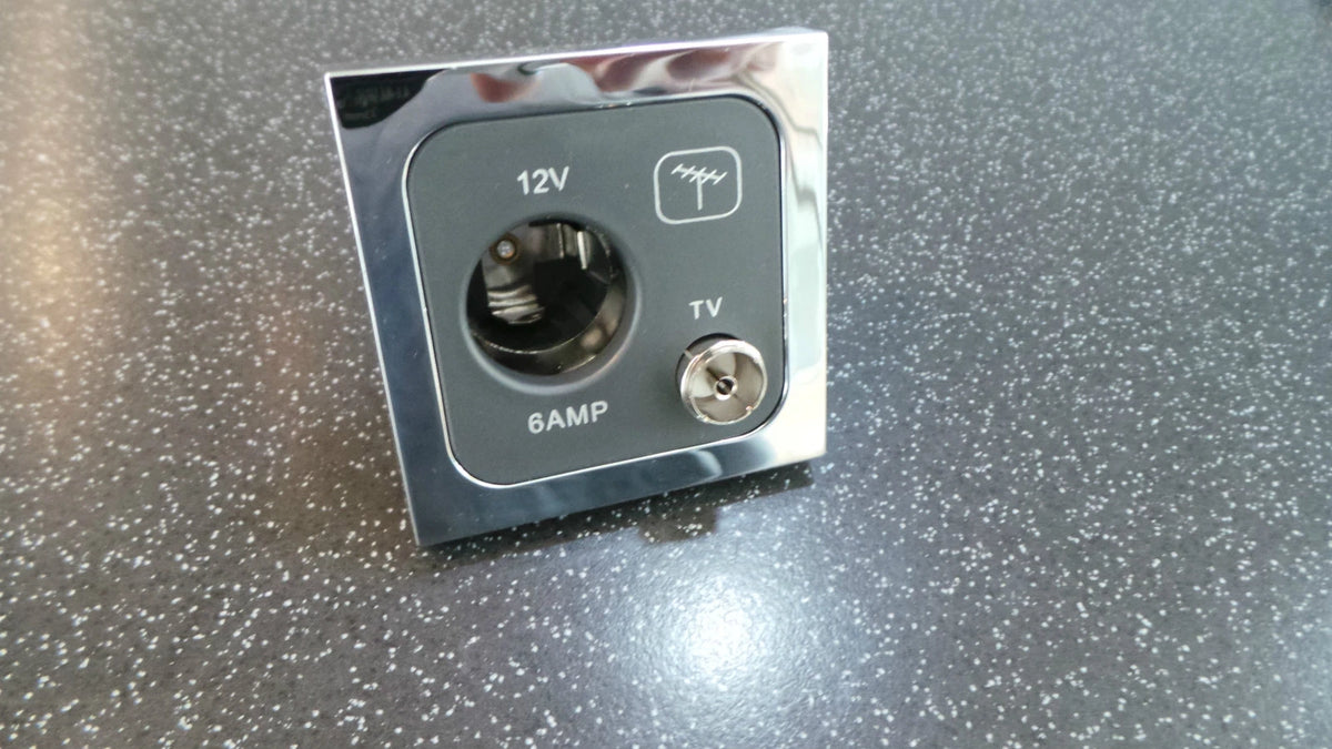 12V Socket + TV Aerial Socket + Chrome Facia Plate for Caravan Motorhome
