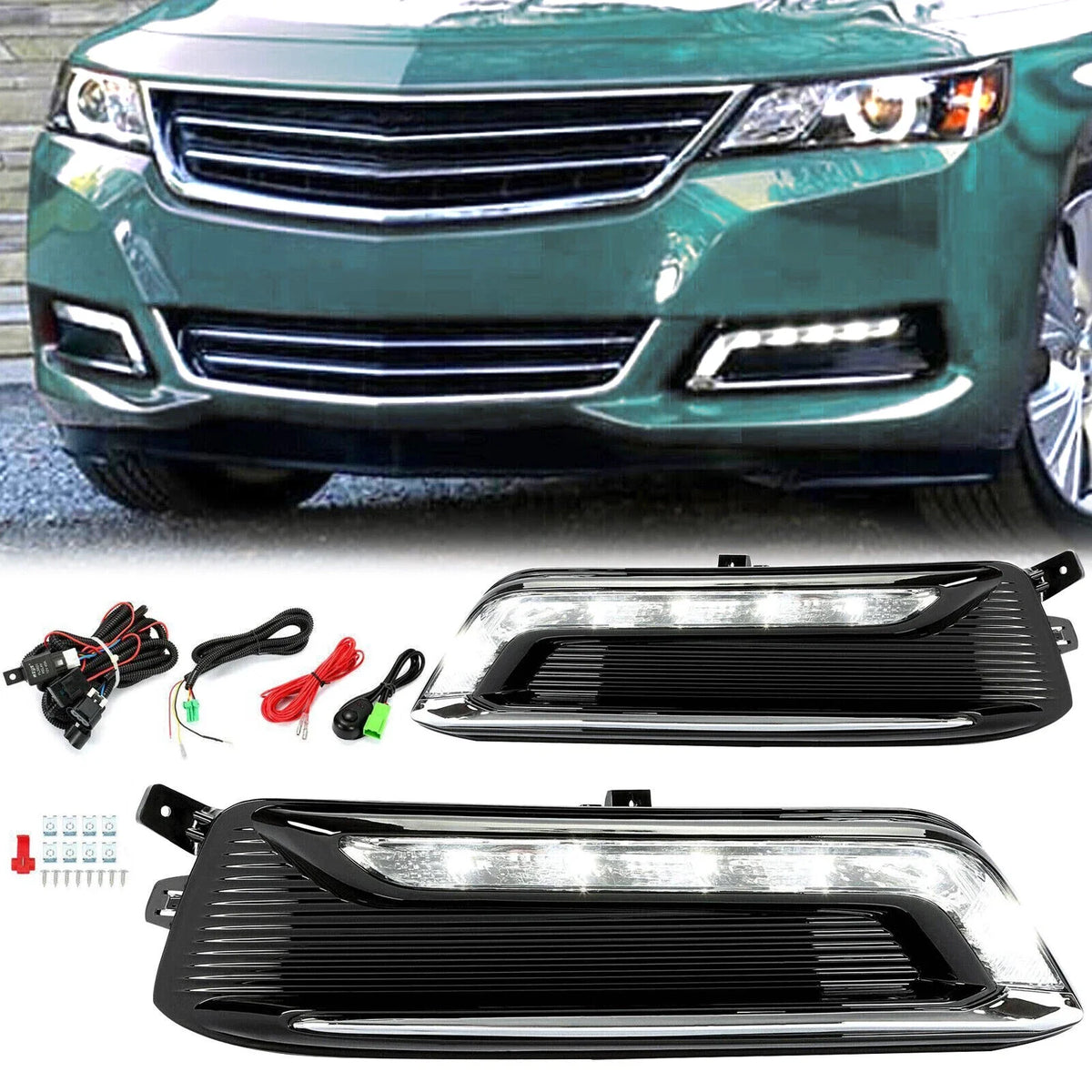 Clear Lens Pair LED DRL Fog Lights + Wiring + Switch Kit for Chevy Impala (2014–2020)