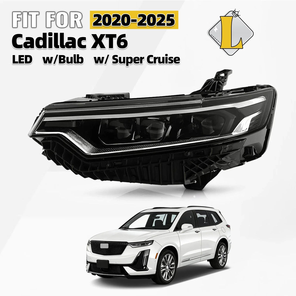 LED Projector Headlight for Cadillac XT6 (2020–2025) LH, Super Cruise