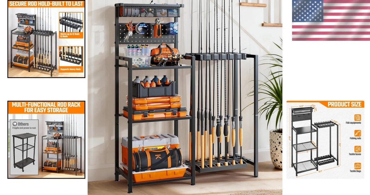 Multi-Functional Fishing Rod Organizer - Holds 12 Rods, Easy Assembly
