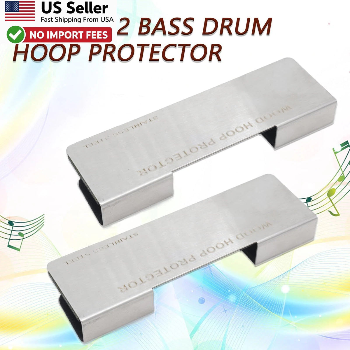 2 Pack Bass Drum Hoop Protector Stainless Steel Rim Guard 3.93x1.18 In