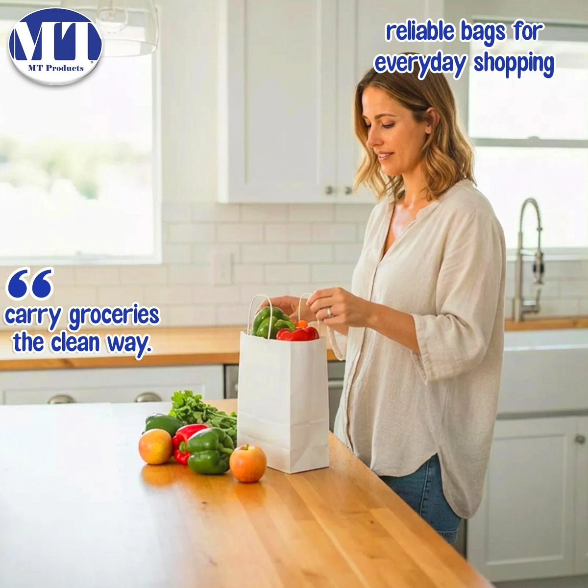 Pack of 15 White Grocery Bags with Handles (8 x 4 x 10)