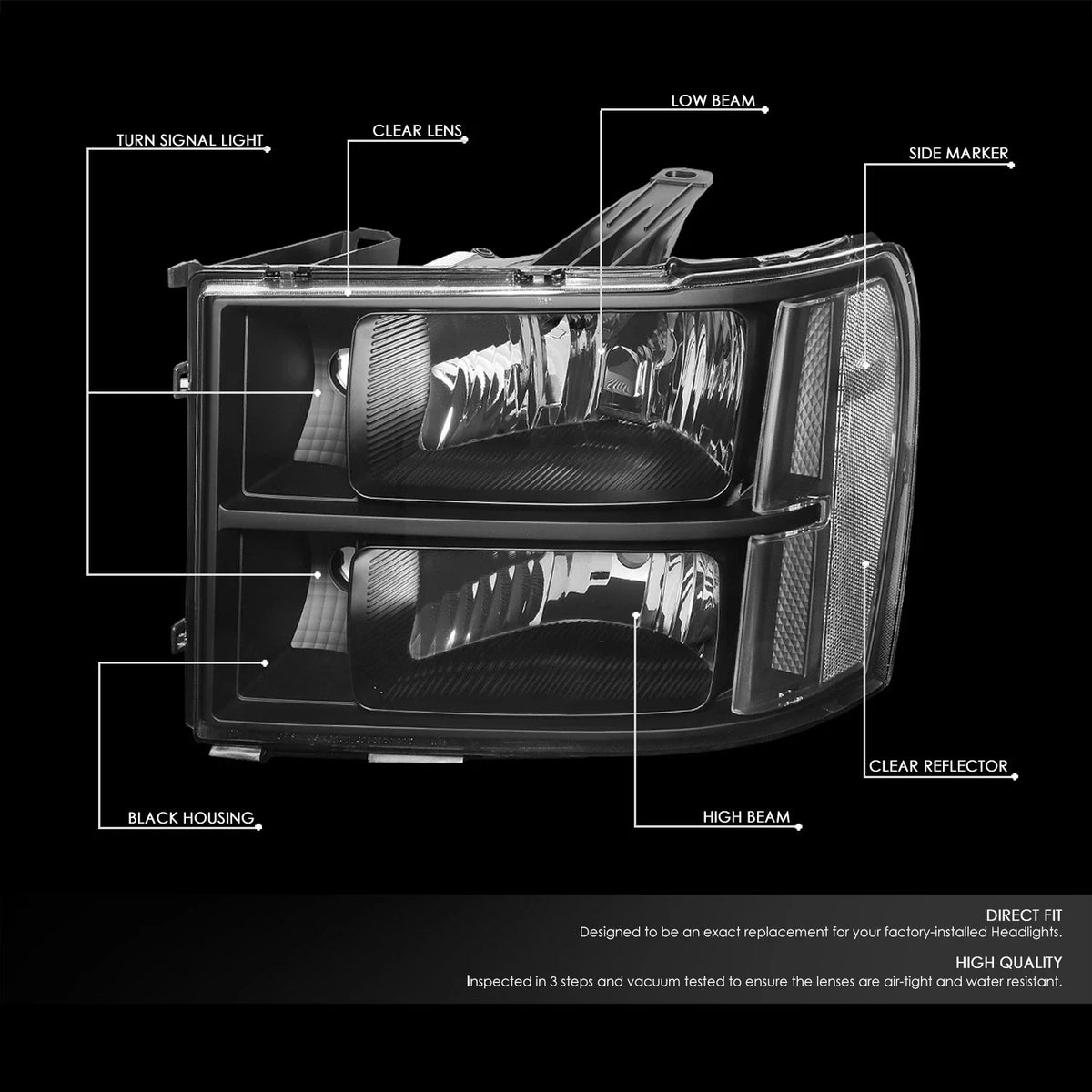 Set of 2 Black Housing Clear Corner Headlight Lamps for GMC Sierra 1500 2500HD (2007–2014)