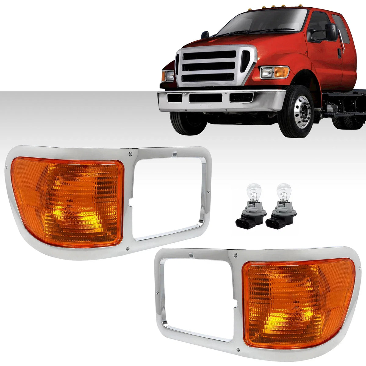 Set of 2 Headlight Bezel Trim for Ford F650 F750 (2000–2015) W/Bulbs
