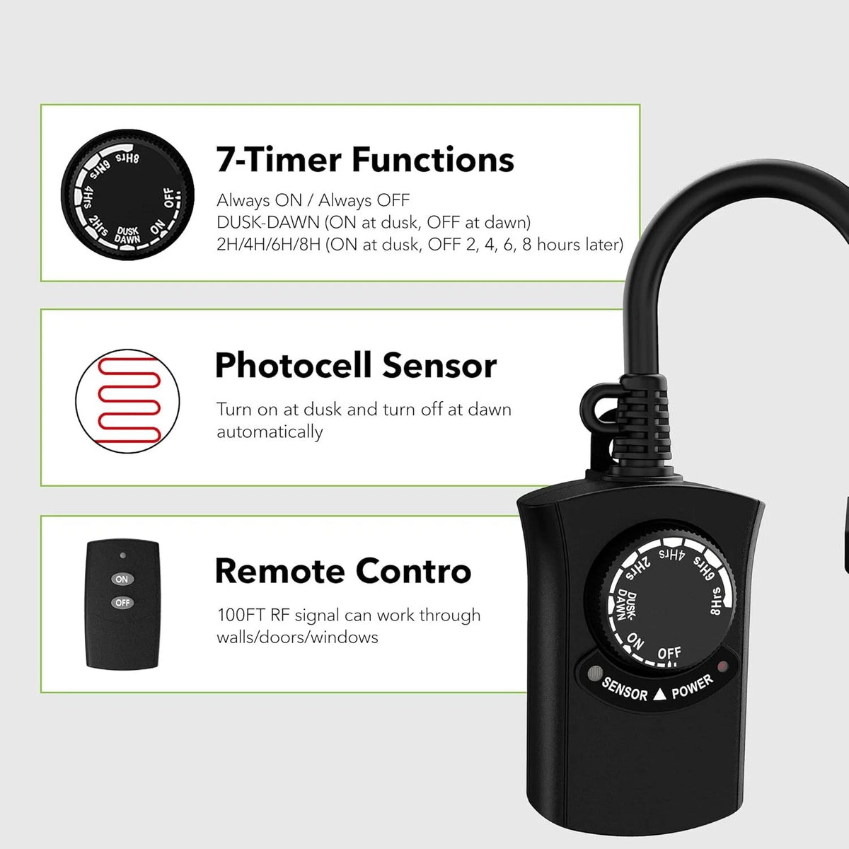 HBN Outdoor Light Timer with Remote Control for Outdoor Use