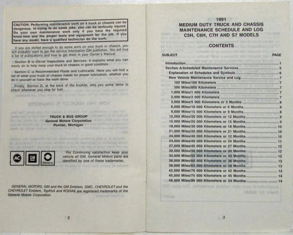 Maintenance Schedule Booklet for GMC TopKick (1991)