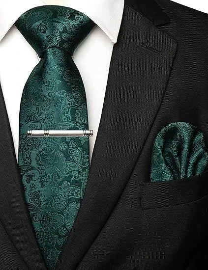 Set of 2 Men's Paisley Neckties with Pocket Squares - Emerald Green