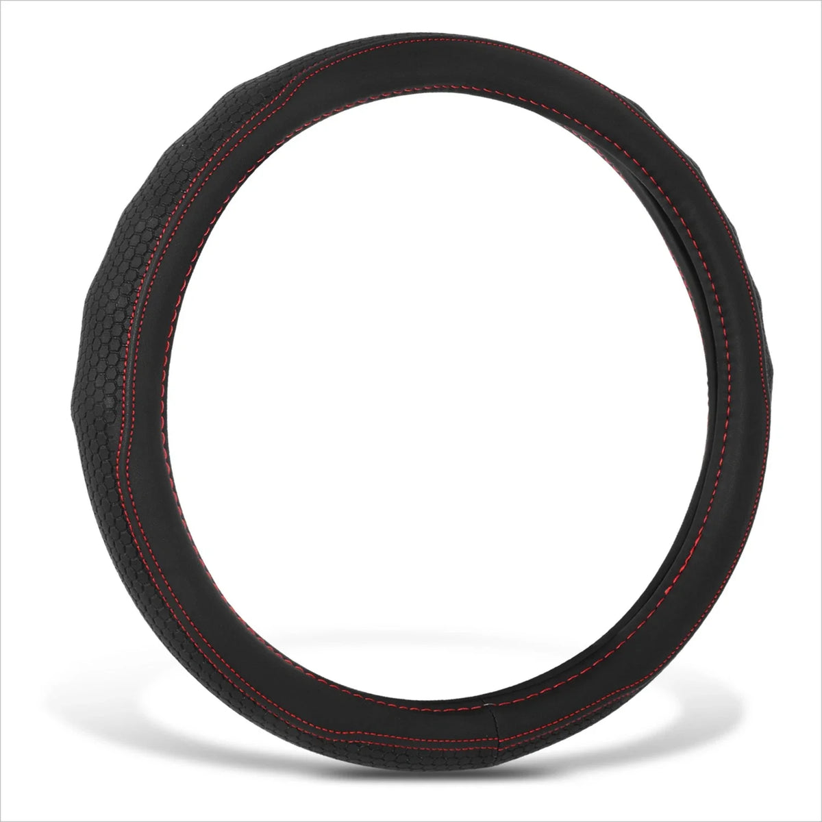 Steering Wheel Cover for Universal Fit (14.5-15") - Black Hexagon, Red Stitching