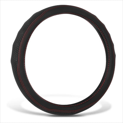Steering Wheel Cover for Universal Fit (14.5-15") - Black Hexagon, Red Stitching