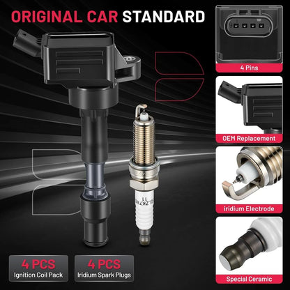 Set of 4 Ignition Coils & Spark Plugs for Hyundai Elantra 2.0L, Kia Forte, Optima 2.4L