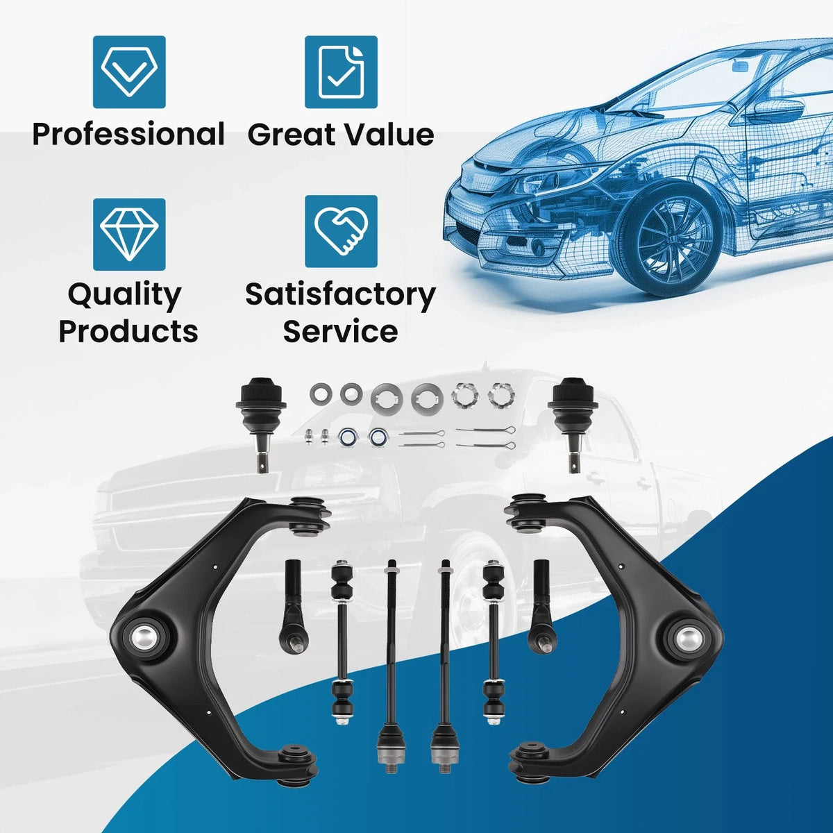 10x Front Upper Control Arms Sway Bar Tie Rods for Silverado Sierra 1500 2500 HD (2007–2019)