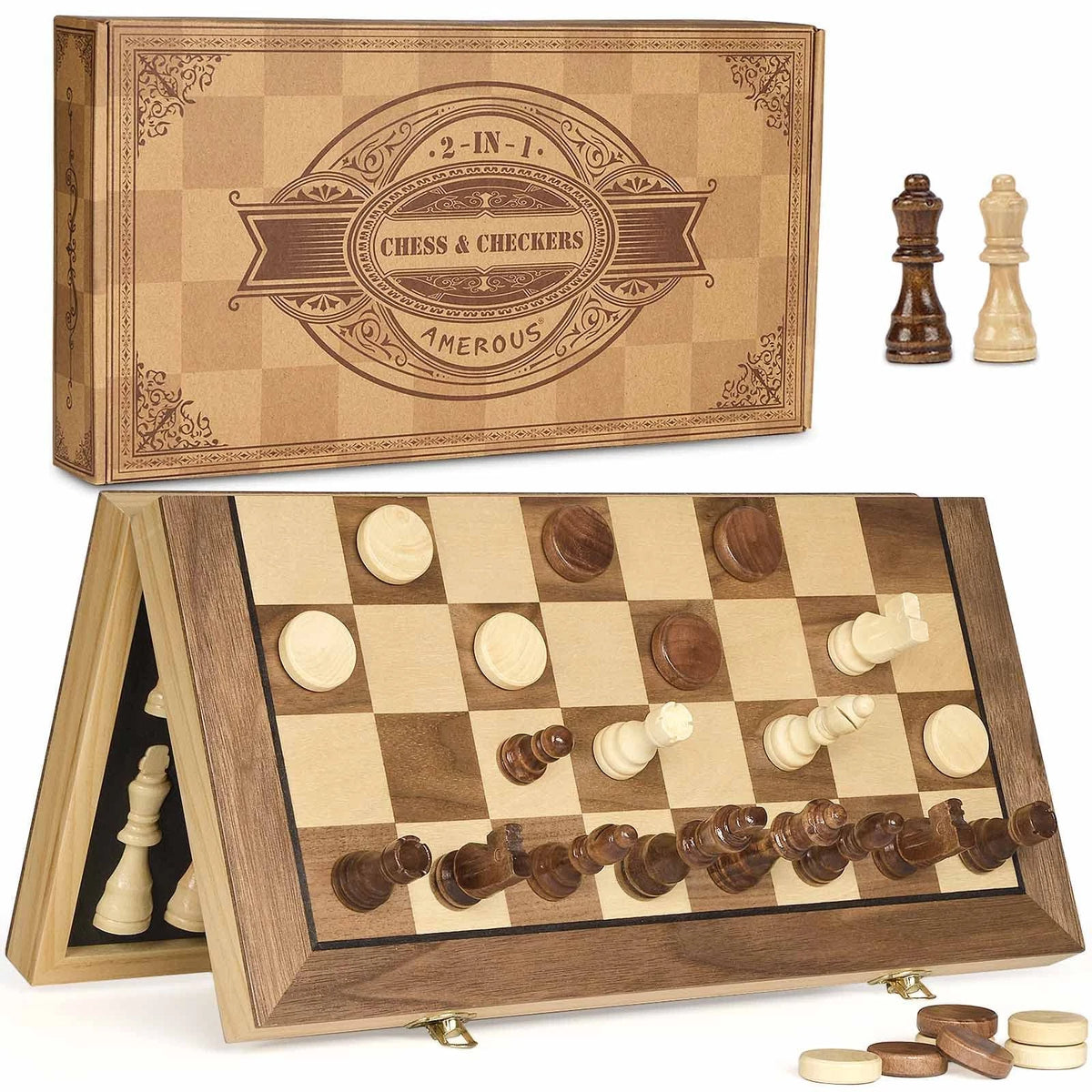 15'' Magnetic Wooden Chess & Checkers Game Set - 2 Extra Queens