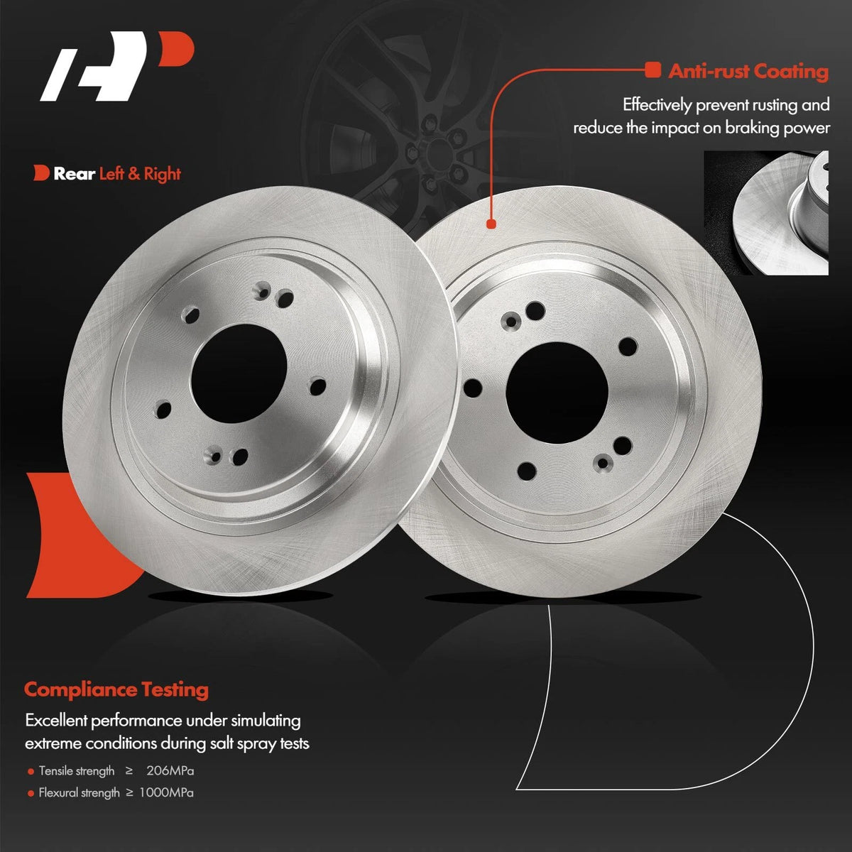 Set of 2 Rear Disc Brake Rotors & Ceramic Pads for Hyundai Kona (2018–2021) D2188, 12151057