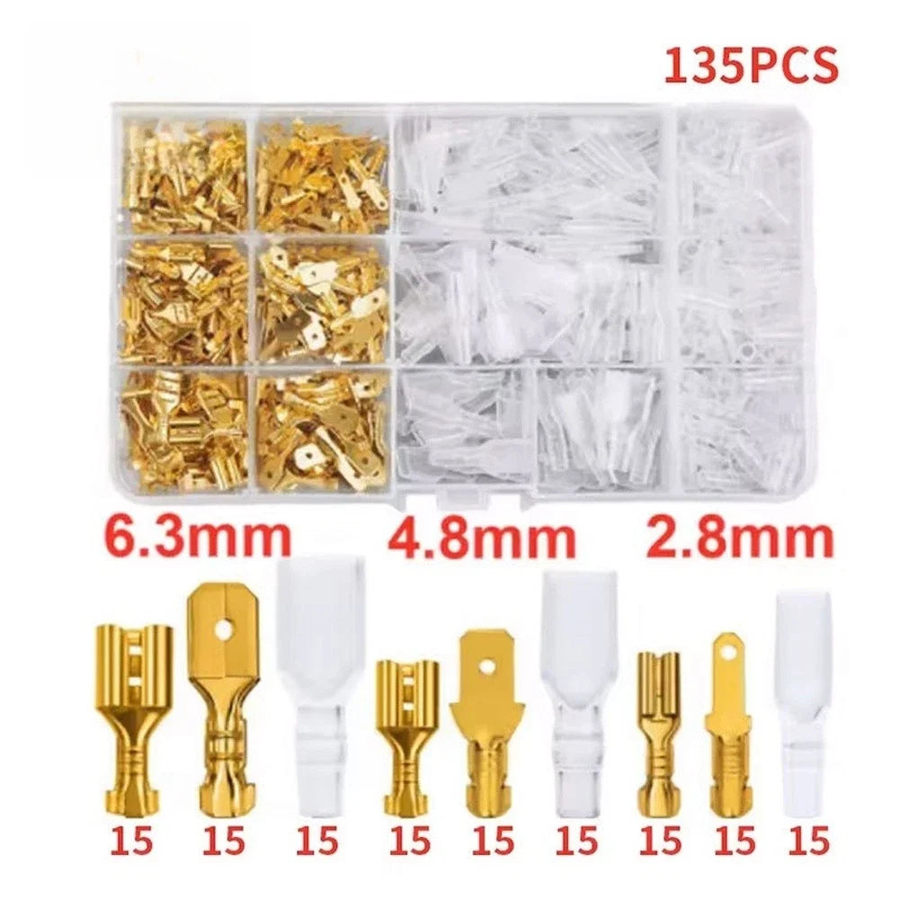 135PCS Gold Brass Crimp Terminal Connectors 2.8mm 4.8mm 6.3mm