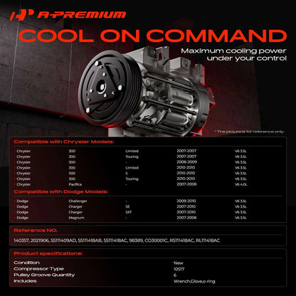 A/C Compressor with Clutch for Chrysler Charger Challenger (2007–2010) - 55111409AD, 55111418AB, 55111418AC, R5111418AC, RL111418AC, CO30001C