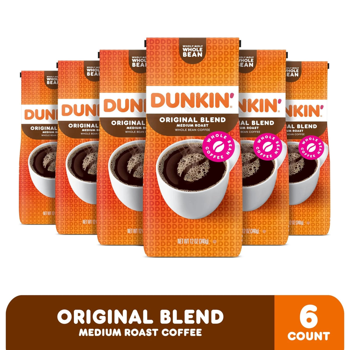 Pack of 6 Dunkin' Original Blend Medium Roast Whole Bean Coffee 12 oz