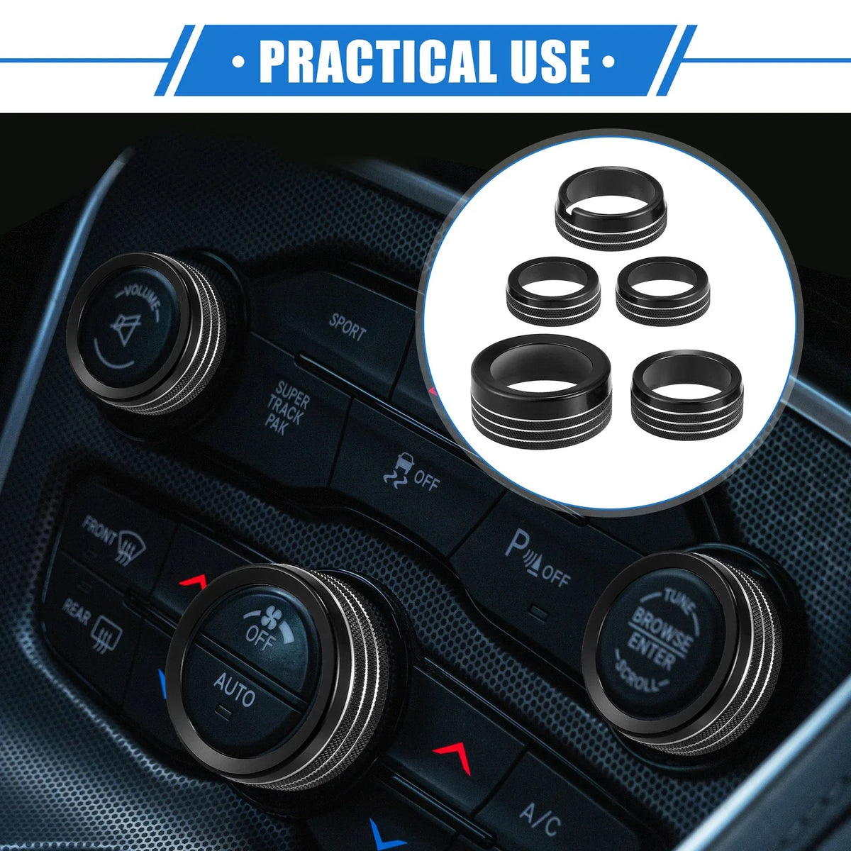 5pcs AC Climate Control Knob Ring for Chrysler 300, Dodge Challenger (2005–2023)