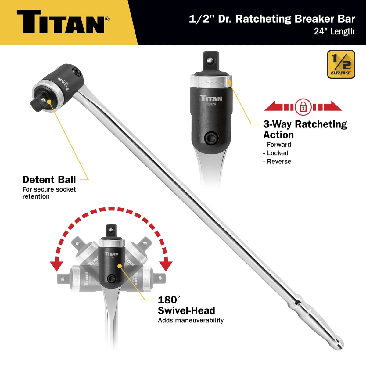 1/2-Inch Drive x 24-Inch Heavy-Duty Ratcheting Chrome Tool for Titan