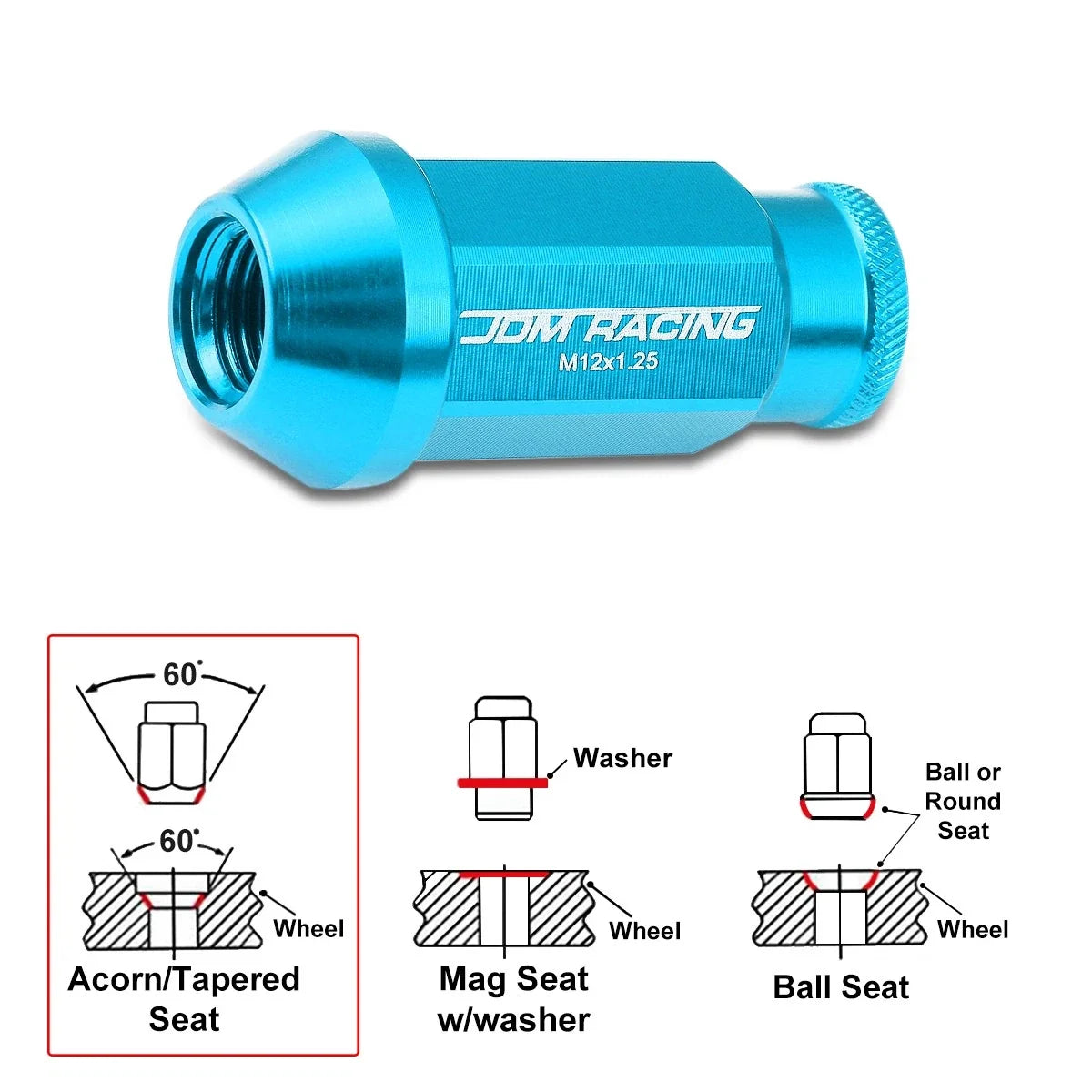 20Pc M12X1.25 Sky Blue JDM Open-End Acorn Hex Wheel Lug Nuts + Extension 25mm