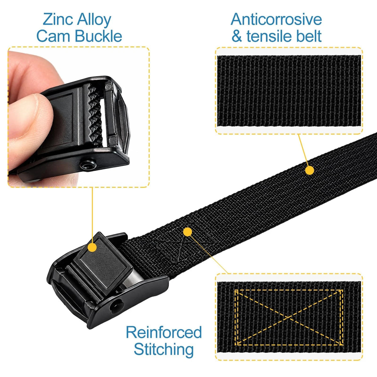 1" x 6ft Adjustable Cam Buckle Lashing Straps Set of 2 Black