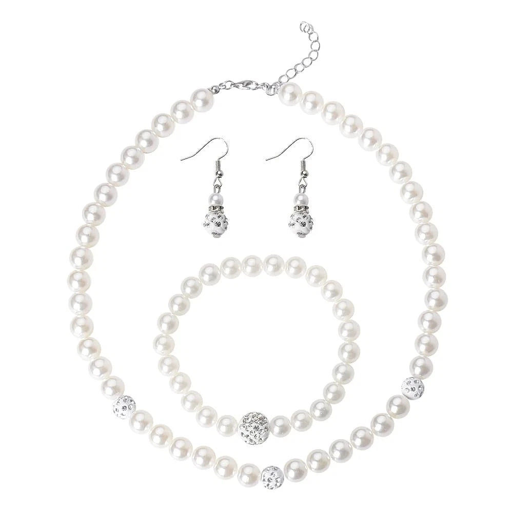 Set of 3 Pearl Earrings Bracelet Necklace Black and White