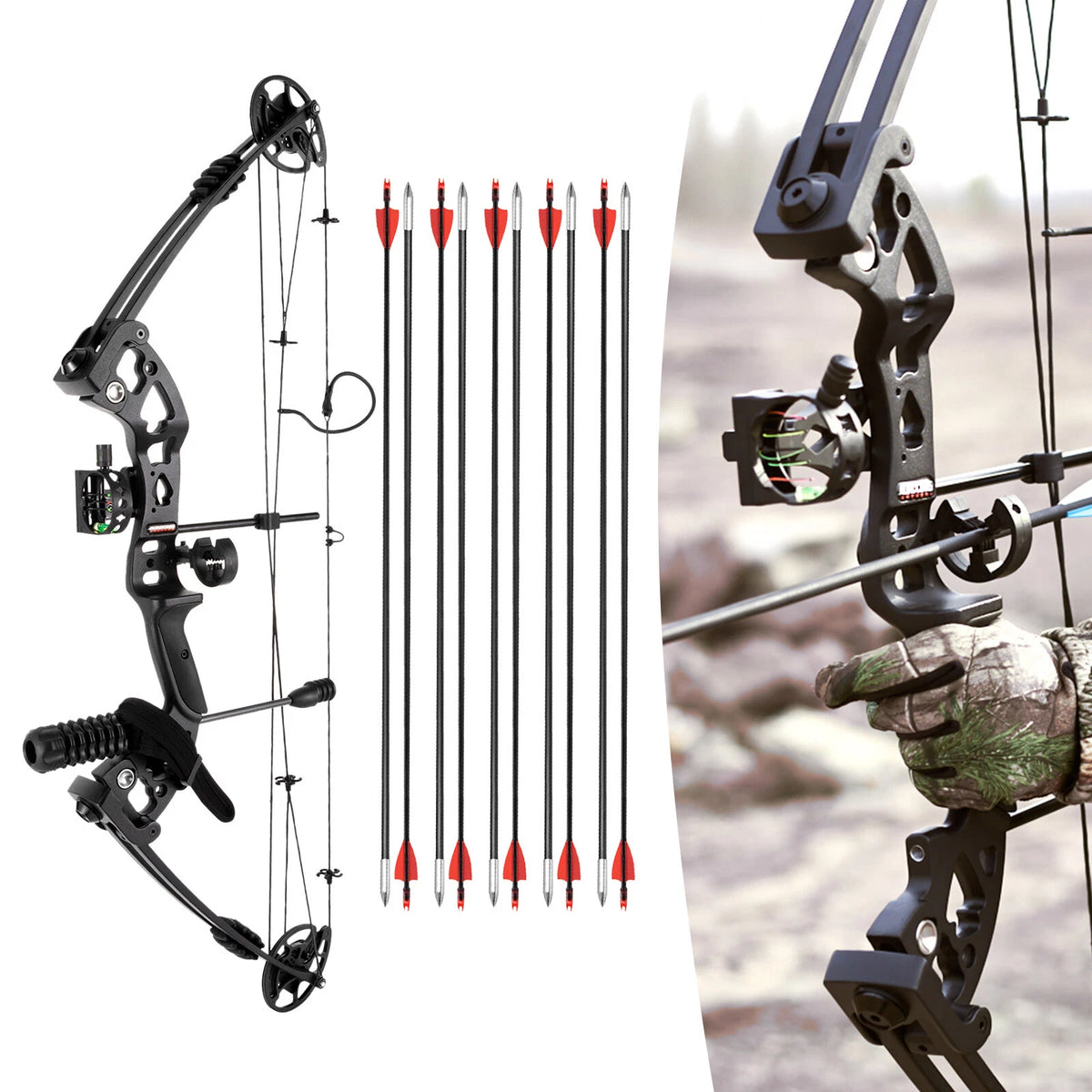 12X Compound Bow Kit Right Hand Archery Hunting Set 30-55lbs Black