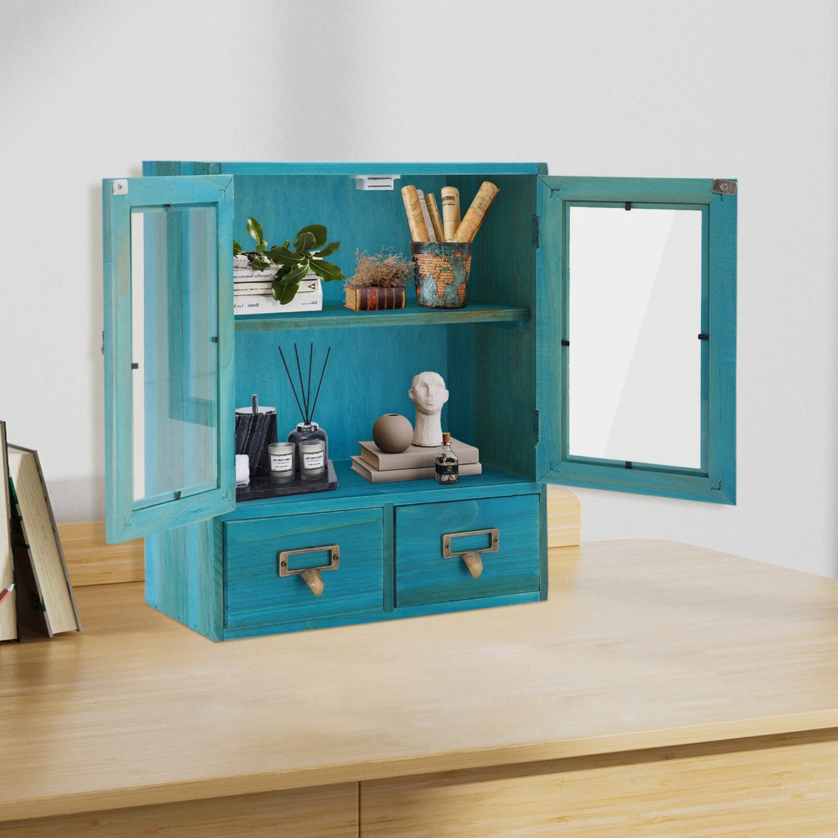 2-Tier Wood Storage Cabinet with 2 Drawers for Home Organization