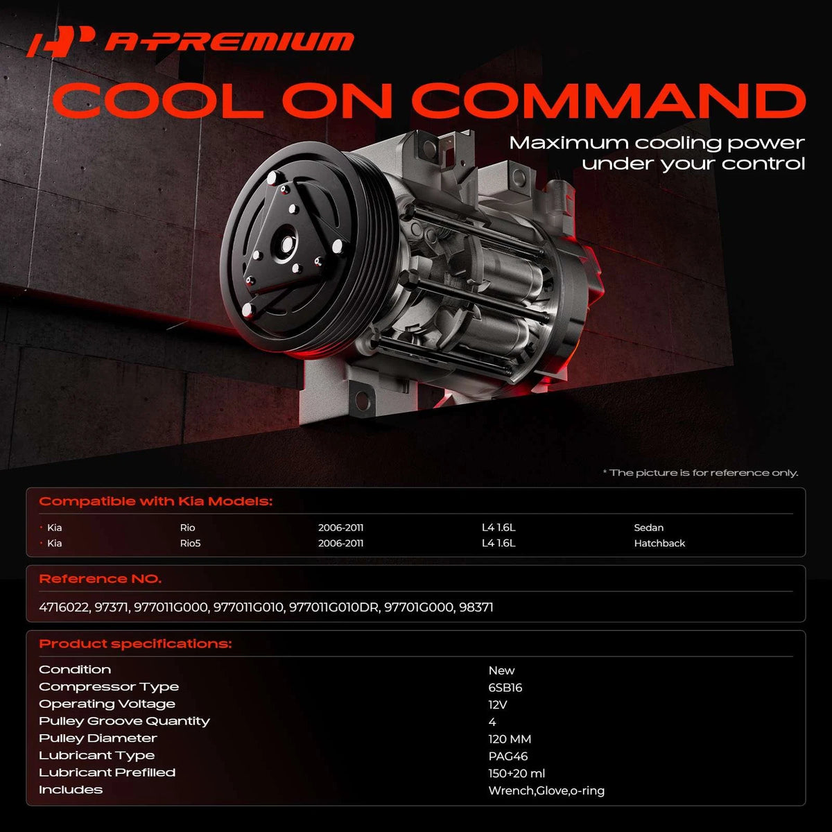A/C Compressor with Clutch for Kia Rio Rio5 (2006–2011) 977011G010, 977011G000, 98371