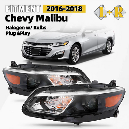Halogen Headlight Assembly Pair for Chevy Malibu (2016–2018) LH+RH Black