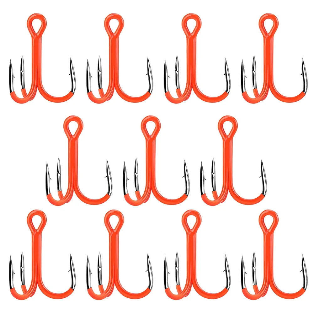 11pcs Treble Hooks for Fishing (Carbon Steel, 2X Strength, Orange)