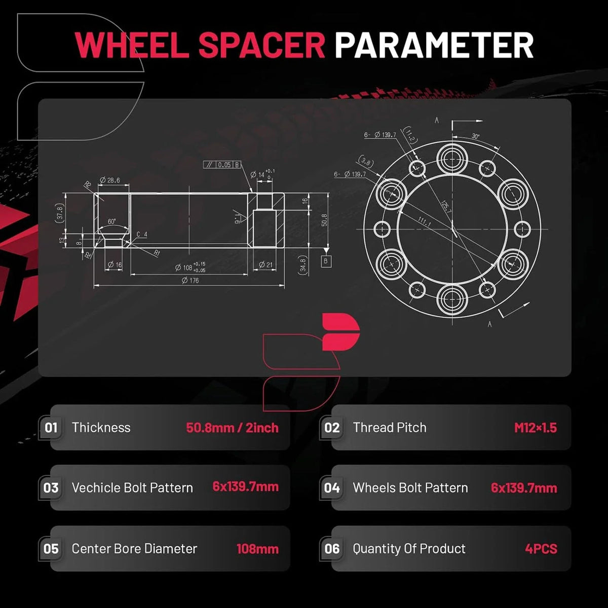 2" 6x5.5 Wheel Spacers for 2004–2012 Chevrolet Colorado (4PCS, M12x1.5)