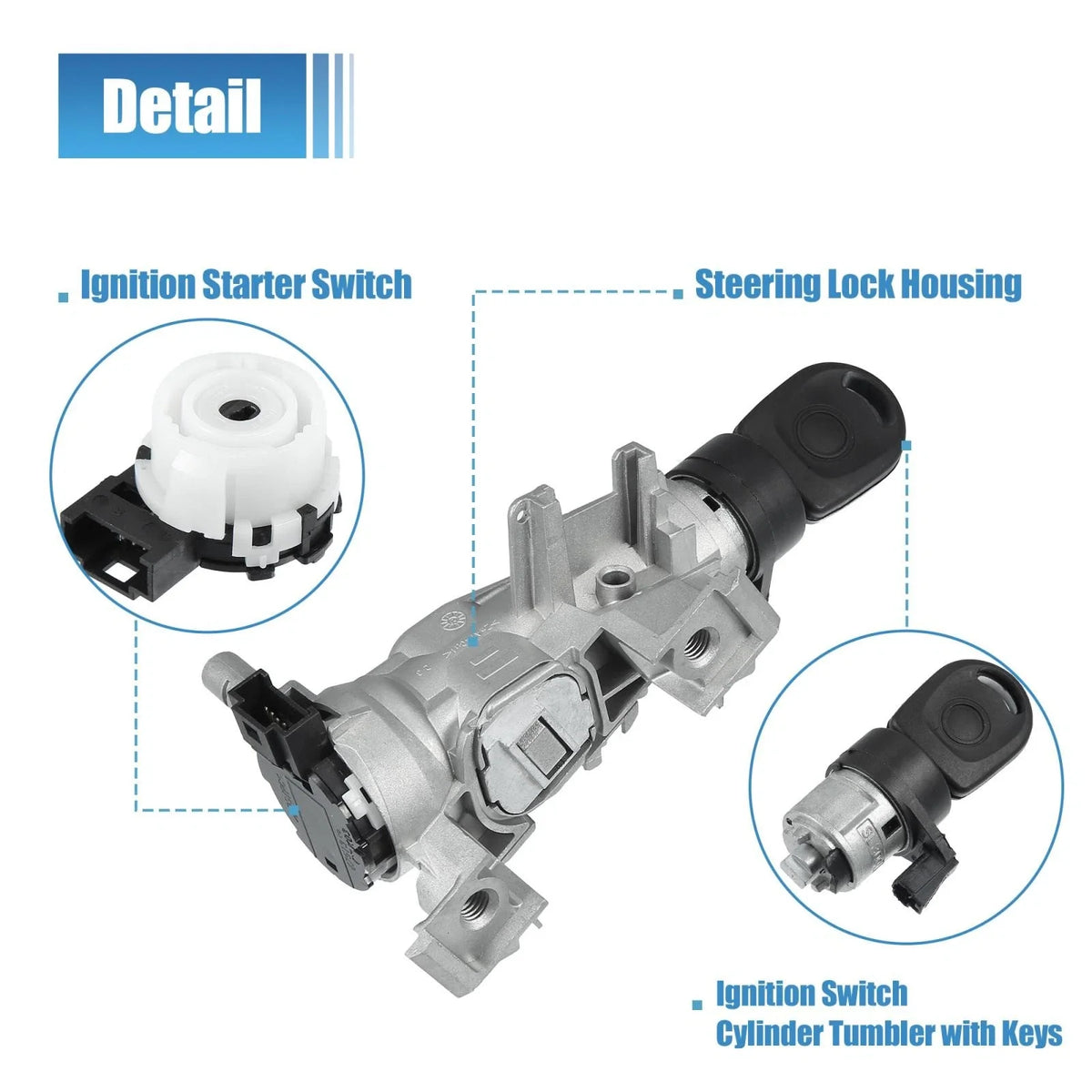 Set of 1 Ignition Switch Steering Lock Cylinder with Key 1K0905851B for VW Audi (2000–2023)