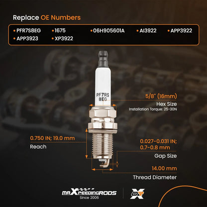 Iridium Spark Plugs for Audi A4 A5 Q3 VW Tiguan Jetta 2.0L (2010–2023) PFR7S8EG