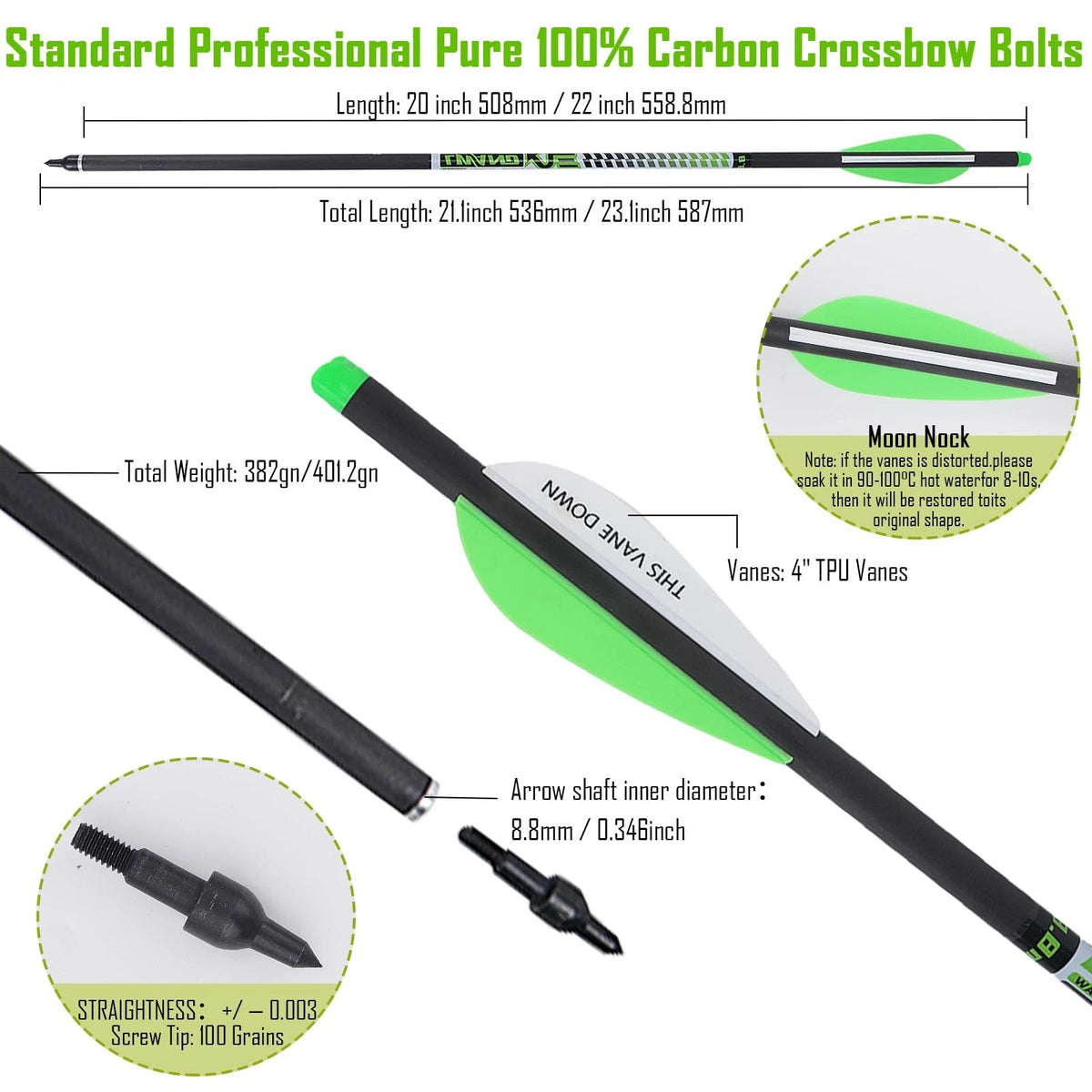 22-Inch Carbon Crossbow Bolts Arrows 8.8mm (0.003) - Black