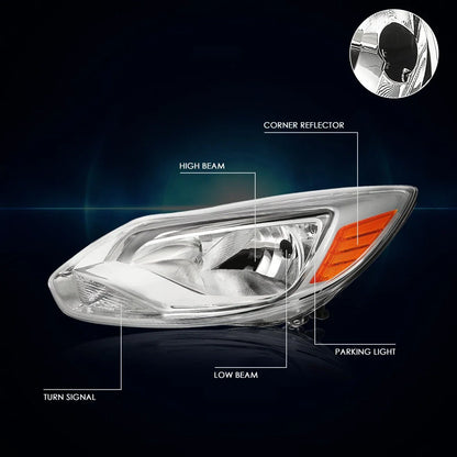 Set of 2 Chrome Housing Headlight Amber Corner Signal Lamps for Ford Focus (2012–2014)