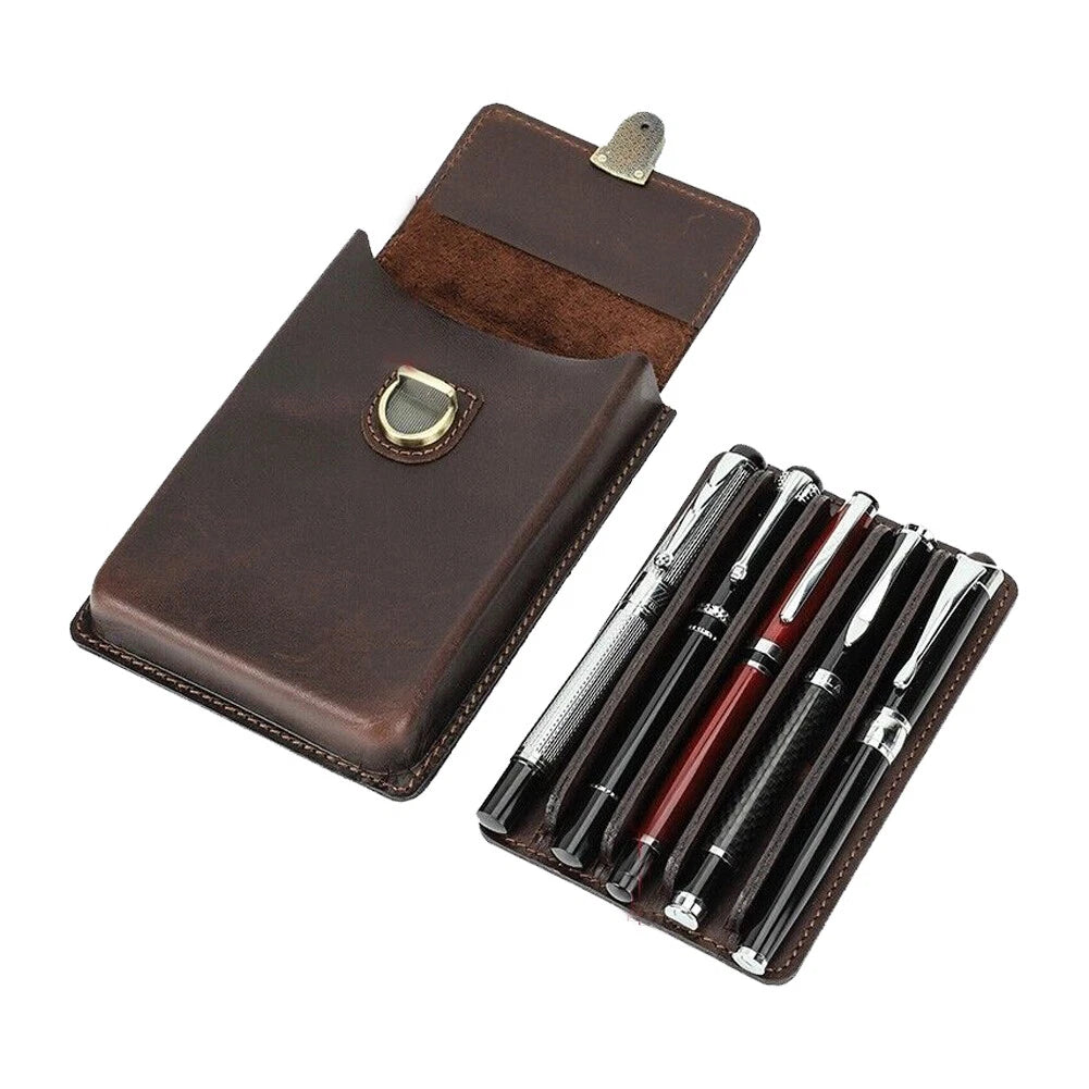 Leather 5 Slots Luxury Genuine Fountain Pen Case Organizer