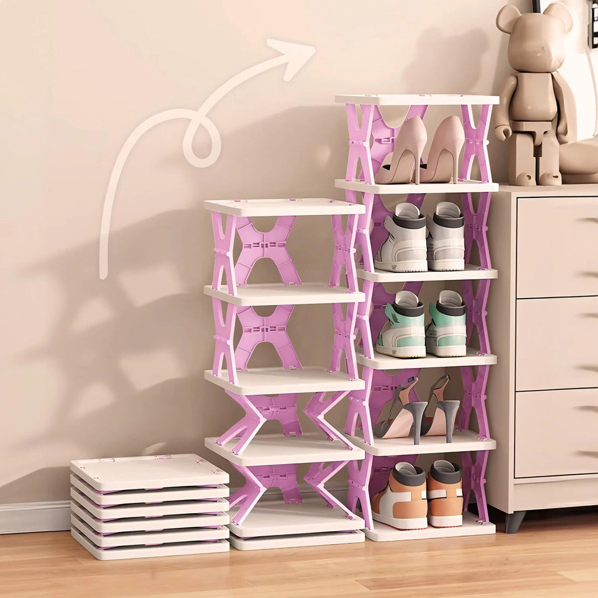 Collapsible Shoe Rack Organizer for Home (6 Tiers, Foldable, Pink)